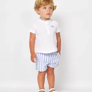 CONJUNTO POLO MAO Y BERMUDA RAYAS BEBE NIÑO BLANCO Y CELESTE 2638